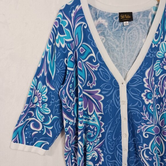 Bob Mackie, 1X Cardigan, Blue Floral Print, 3/4 Sleeve, V Neck, Button Down - Picture 6 of 16